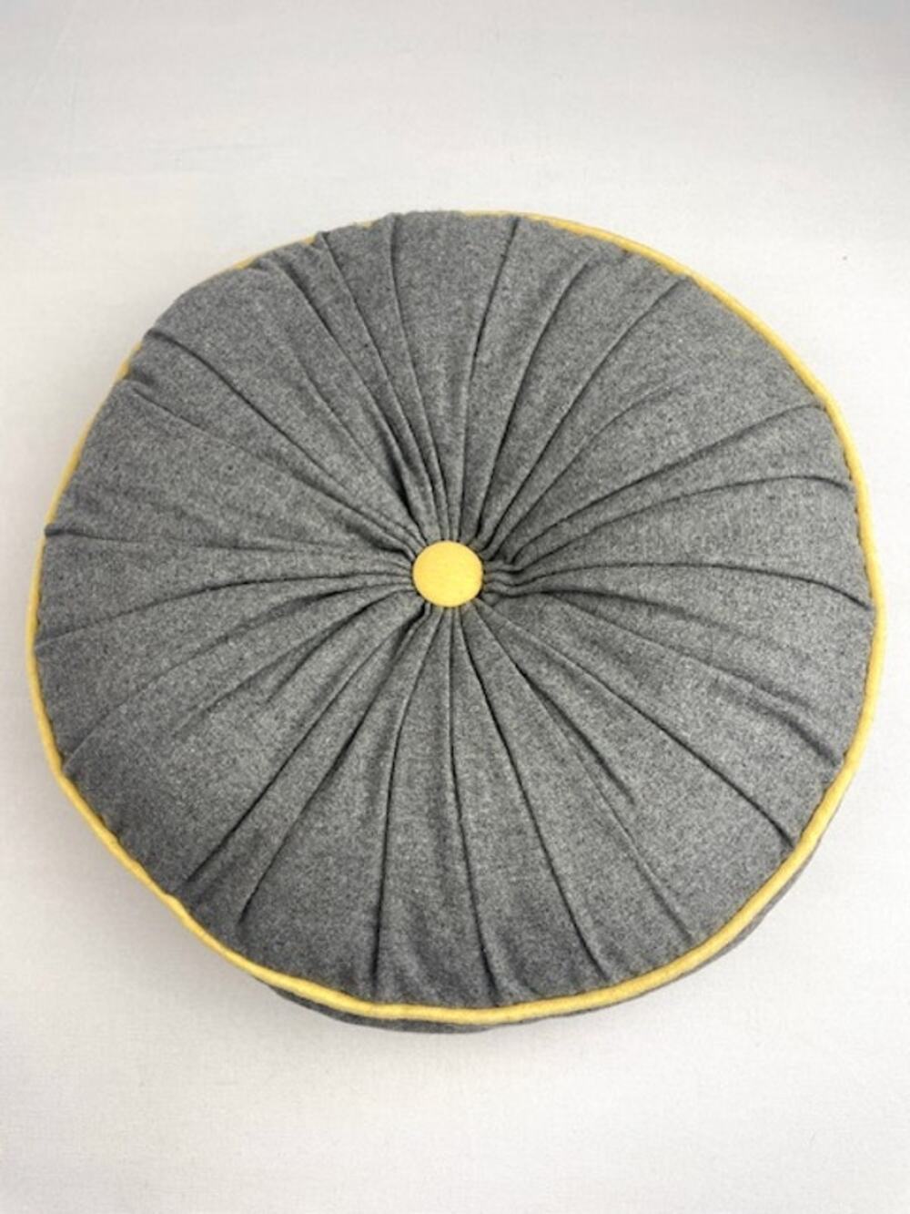 Vintage Mid Century Modern Grey Tweed Round Pleated Pumpkin Pillow 1970s MCM